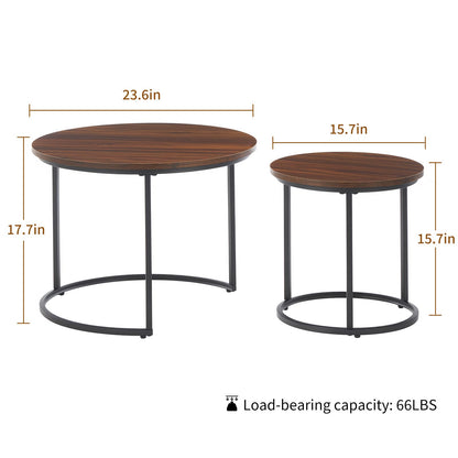 Round Nesting Coffee Table Set of 2, Modern Marble Pattern Wooden Nesting Tables, Stacking Minimalist End Table for Living Room Bedroom Small Space, Wood Brown and Black