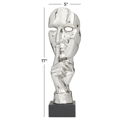 Deco 79 Polystone Mask Decorative Sculpture Quiet Gesture Home Decor Statue, Accent Figurine 5" x 5" x 17", Silver