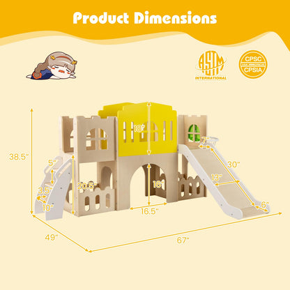 Costzon Wooden Toddler Slide, 7-in-1 Climber Playset with Slide, Basketball Hoop, Extra-Long Aisle, Peek-a-Boo Window, Crawling Tunnel & Storage Space, Indoor Outdoor Playground Slide for Kids