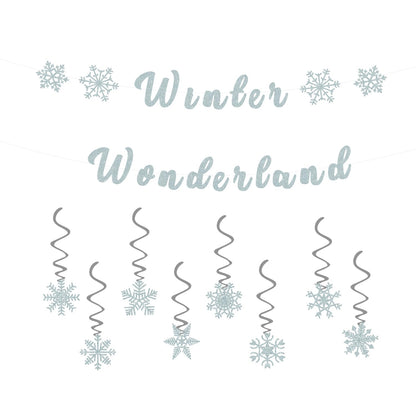 Winter Wonderland Banner,Snowflake Theme Party Decorations Include Pre-Strung Glittery Winter Wonderland Banner and 8 Pcs Snowflake Hanging Swirls,Christmas Birthday Party Supplies