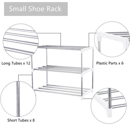 Fouews Small Shoe Rack, Narrow Stackable Shoe Shelf Organizer for Entryway, Doorway and Bedroom Closet (3-Tier, White)