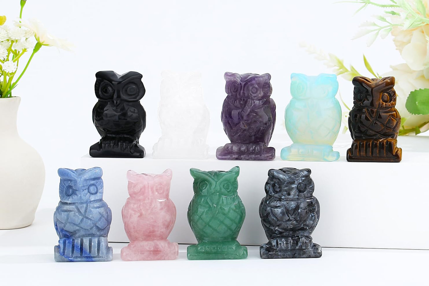 YATOJUZI 2” Owl Decors Natural Clear Quartz Crystals Stones White Cute Decor Polished Hand-Carved Sculpture Statue Figurines Gemstone Home Office Desk Decoration Reiki Energy Gifts