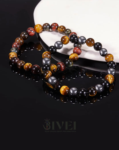 Bivei Natural Gemstone Semi Precious Crystals Handmade Stretchy Round Beads Bracelet, Enhance Positive Energy,Stocking Stuffers for Women(Triple Protection SetSmall)