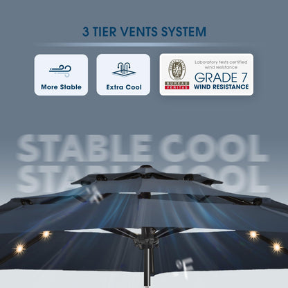 wikiwiki 9FT 3Tiers Solar Led Patio Umbrella, Sturdy Outdoor Market Umbrella for Deck, Pool, Garden w/Tilt, Crank, 32 LED Lights, Navy Blue