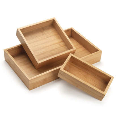 Natural Bamboo Vanity Organizer Set - Wooden Bathroom/Kitchen Countertop Tray, Set of 3