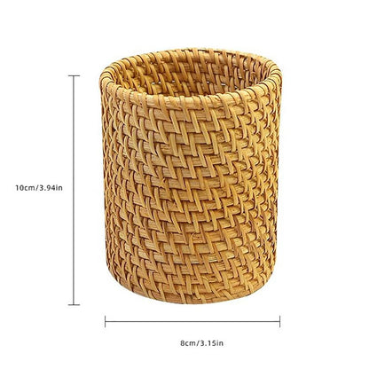 GSHLLO Round Wicker Basket Pencil Holder Boho Rattan Pen Holder Small Office Desk Organizer Cup Vanity Storage Cup Make up Brushes Storage Organizer for Home