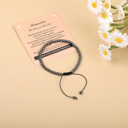 AD Beads 4mm Hematite - Healing and Health - Handmade Natural Stone Crystal Bracelet with Adjustable Macrame String - Yoga Healing Power Energy Gifts for Men and Women