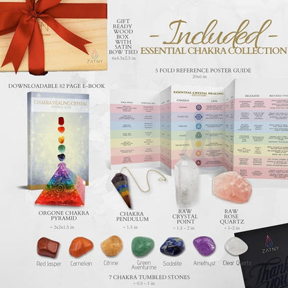 Crystals and Healing Stones Premium Kit Wooden Box - Chakra Stones Healing Crystals Set, Rose Quartz, Amethyst Cluster, Quartz Points, Chakra Pendulum (Aa Essential Chakra Pyramid Collection)