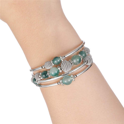 PEARL&CLUB Beaded Chakra Bangle Turquoise Bracelet - Fashion Jewelry Wrap Bracelet with Thick Silver Metal and Mala Beads, Birthday Gifts For Women(Jade Green)
