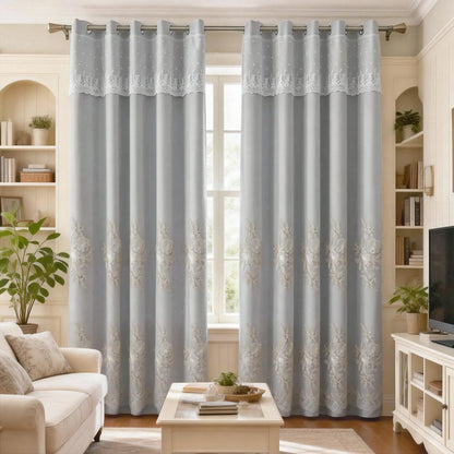 Amidoudou 1 Pair European Double Layer Curtains Luxury Flower Embroidered Curtains for Living Room Bedroom (Grey,52x90 Inch)
