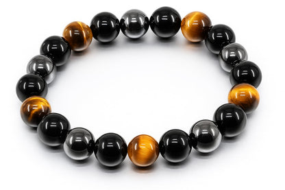 Handmade Triple Protection Bracelet – Tiger Eye, Hematite & Obsidian 8mm Natural Crystal Beads, Healing Natural Stones for Strength, Energy & Balance, Men & Women, 7.48 Inches – Supports Chakra Healing