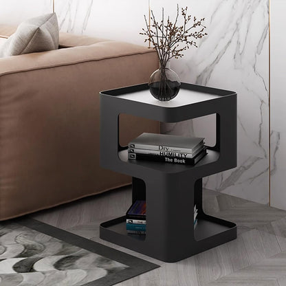 BUZUEY Modern Metal Side Table with Storage,Small End Table for Sofa & Couch,3-Tier Compact Nightstand for Small Spaces,Black Bedside Tables for Living Room & Bedroom,No Assembly Required