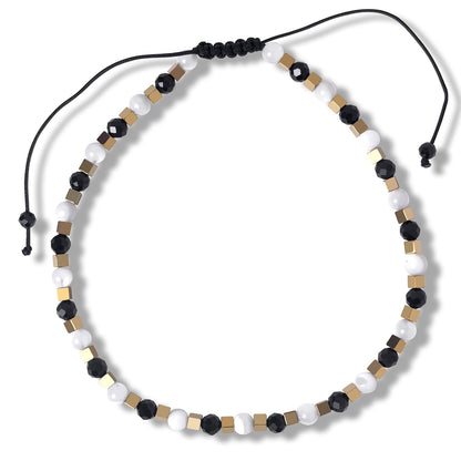 BEADSENER Black Onyx Adjustable Charming Bracelet for Women, 3mm Natural Shell Gemstone Hematite Stone Beads, Pull String Slider Metal Free Design Waterproof, Gift for Her Daily Wear