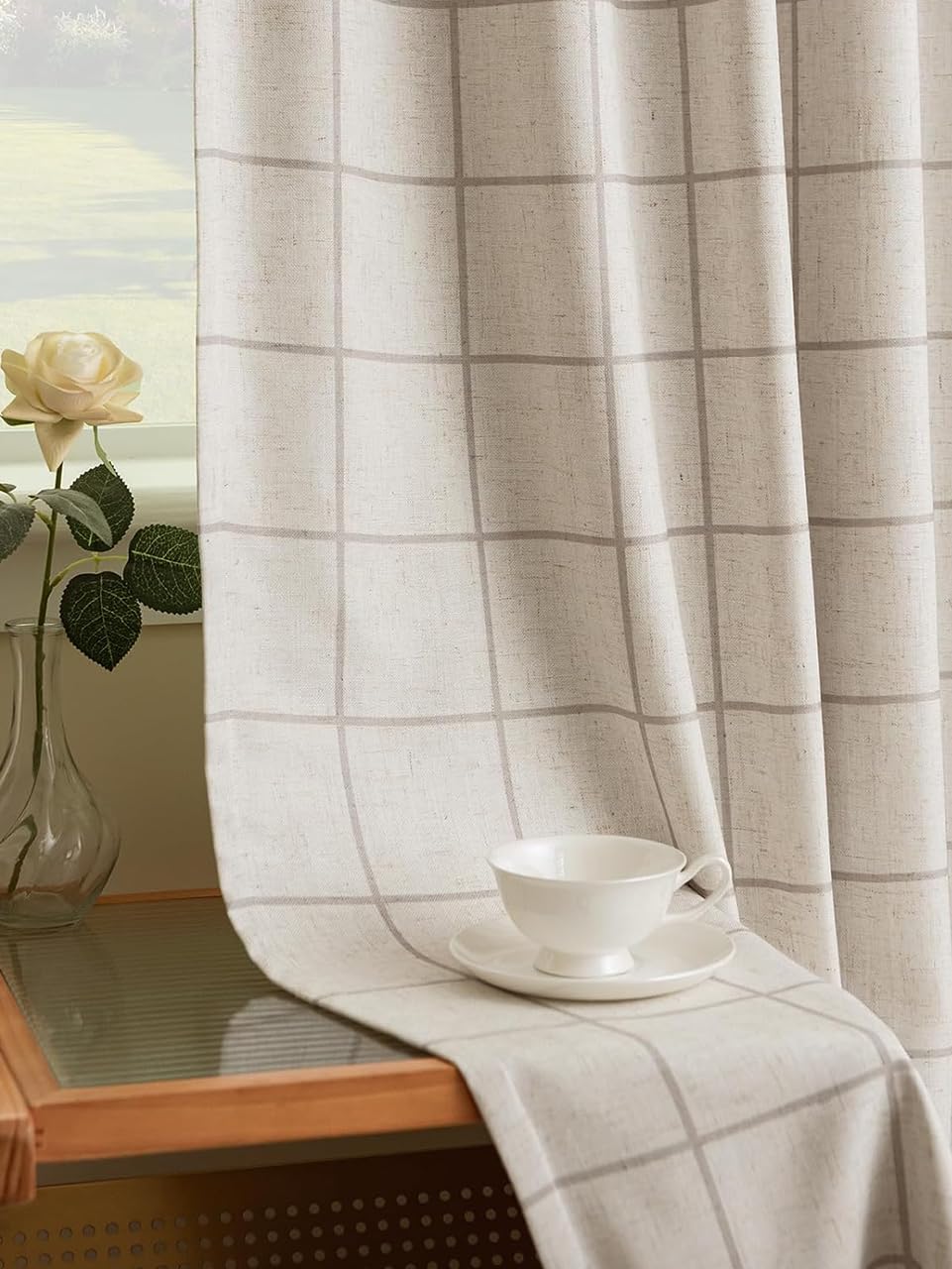 THREE GIRLS Pinch Pleated Plaid Curtains Blackout Linen Gingham Curtains for Living Room,Bedroom Checkered Patterned Insulated 84 Inches Long Double Layer 2 Panels Set Printed Design Darkening