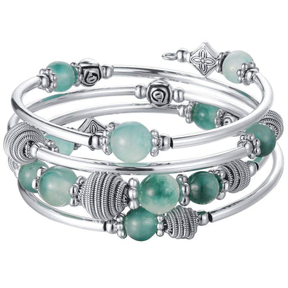 PEARL&CLUB Beaded Chakra Bangle Turquoise Bracelet - Fashion Jewelry Wrap Bracelet with Thick Silver Metal and Mala Beads, Birthday Gifts For Women(Jade Green)