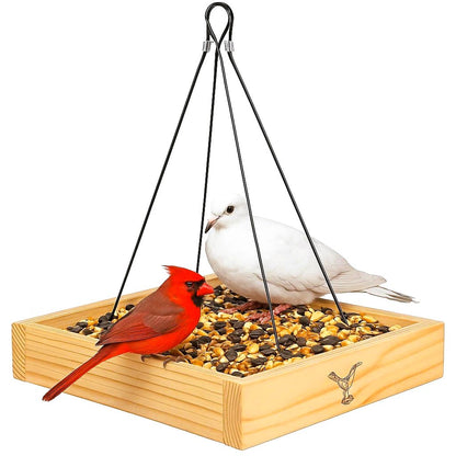 Cedar Wood Platform Tray Bird Feeder 10” - Hanging Bird Feeder for Outside Outdoor - Stainless Steel Cable Mesh Base - Weather Proof Birdfeeder for 10 Years - Longtime Outdoor Lasting Heavy Duty