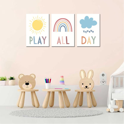 3Pcs Boho Nursery Canvas Wall Art Play All Day Kids Room Wall Decor Pictures Rainbow Sun Cloud Posters Prints for Boy Girl Bedroom Playroom Classroom Decoration, 12x16in