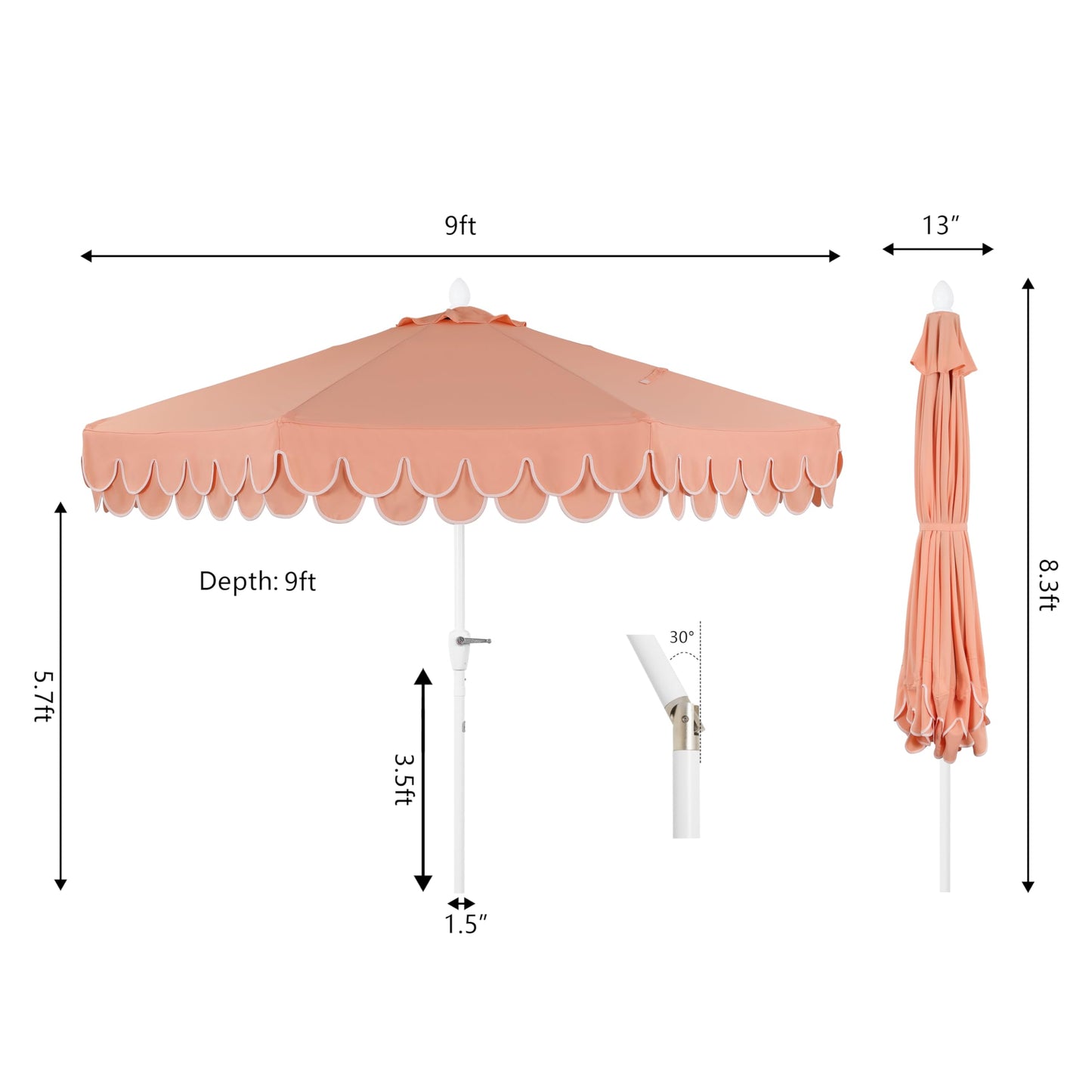 JONATHAN Y UMB1002H Tracy 9 ft. Classic MidCentury Scalloped Fringe Market Patio Umbrella with Auto-Tilt Crank, Wind Vent and UV Protection in Coral Pink/White, White Pole