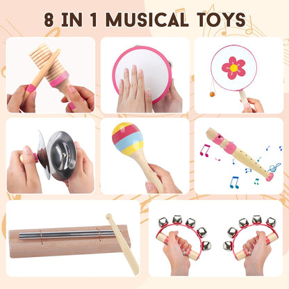 Toddlers Musical Instruments for 1 2 3 Year Old Girl,Baby Montessori Wooden Musical Toys for Toddlers1-3 Year Old,Kids Musical Toy for Preschool,Christmas Birthday Gift for Baby Girls (Pink 8 in 1)