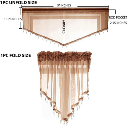 Beaded Sheer Valance Curtains for Living Room,Rod Pocket Farmhouse Window Valance, Bead Trim Tassel Voile Sheer Curtain Valance for Bedroom Bathroom Cafe 51x24 Inches (Brown) 1PC