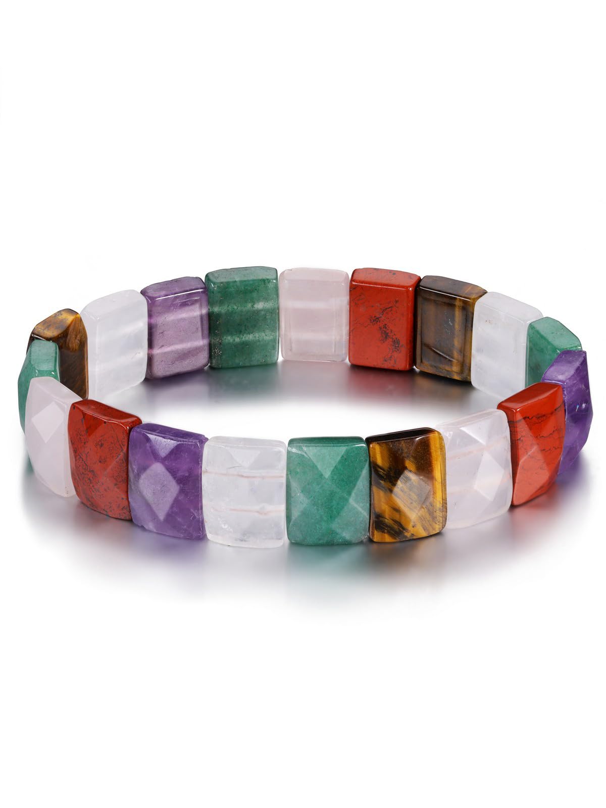 Jovivi Chakra Gemstones Healing Crystal Bracelet Natural Semi Precious 15mm Square Faceted Beaded Stretch Bracelet Bangle 7.5 Inch