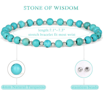 QOGIR Blue Turquoise - Stone of Wisdom - Stainless Silver Beads Natural Gemstone Stretch Elastic Dainty Healing Beaded Bracelets Gifts 4mm