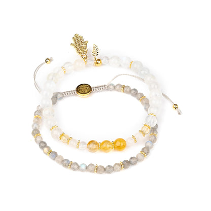 Conscious Items - Golden Hand of Fortune - Citrine Crystal & Moonstone Bracelet with Hamsa Hand for Wealth, Labradorite Bracelet for Inner Strength