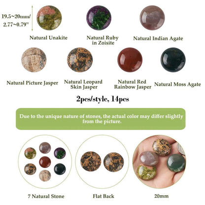 Fashewelry 14pcs 20mm Mixed Natural Round Stone Cabochons Flatback Gemstone Dome Cabs for Blank Bezel Pendant Tray, Wire Wrapping Necklace Bracelet Jewelry Making