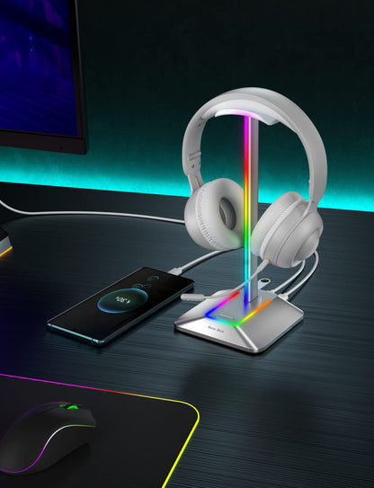 New Bee RGB Headphone Stand with 1 USB-C Charging Port and 1 USB Charging Port, Desk Gaming Headset Stand with 7 Light Modes and Non-Slip Rubber Base Suitable for All Earphone Accessories (Silver)