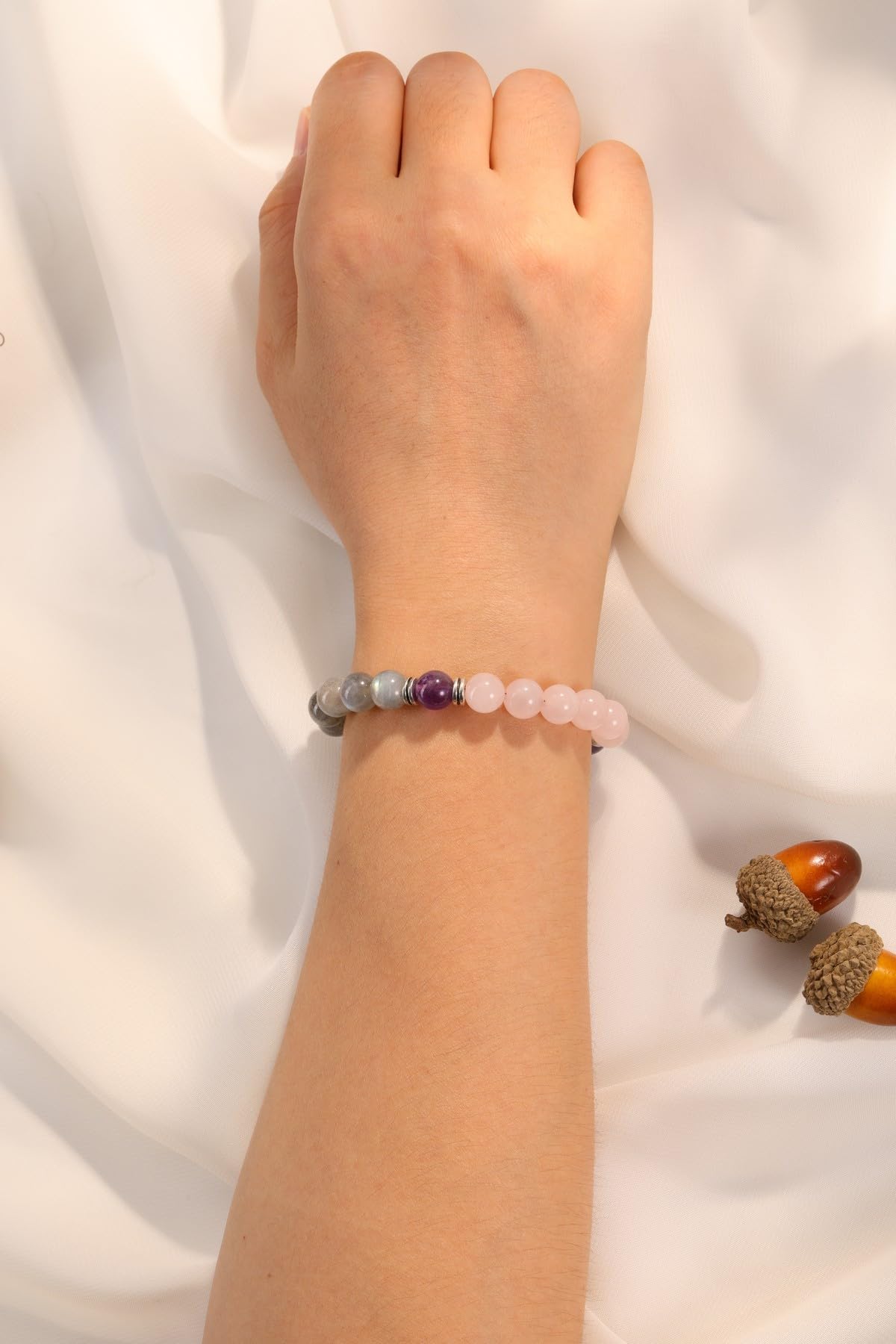 Jovivi Healing Crystal Beaded Bracelet for Women Anxierty Relief Natural Rose Quartz Labradorite Yoga Beads Chakra Bracelet Handmade Triple Protection Good Luck Jewelry Gift