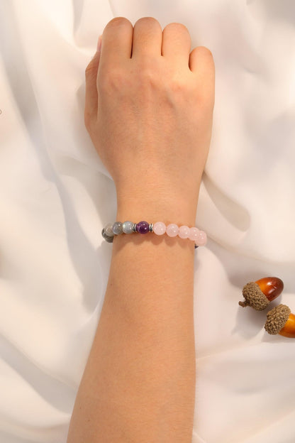 Jovivi Healing Crystal Beaded Bracelet for Women Anxierty Relief Natural Rose Quartz Labradorite Yoga Beads Chakra Bracelet Handmade Triple Protection Good Luck Jewelry Gift