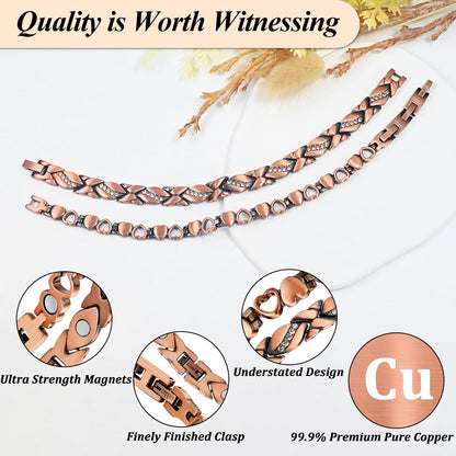 Vicmag Copper Magnetic Bracelet for Women Magnets Brazaletes 99.9% Solid Pure Copper Jewelry Gift for Her (Adjustable Size with Gift Box) (2PCS Love Heart)