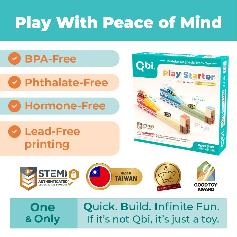 QBI Magnetic Blocks Play Starter Set – STEM Construction Toys & Race Car Track for Kids Ages 3-5+｜Educational Magnet Building Tiles with 2 Ramps & 4 Vehicles｜Montessori Gift for Boys & Girls (36 Pcs)