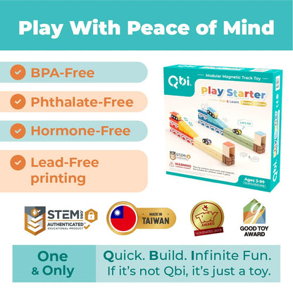 QBI Magnetic Blocks Play Starter Set – STEM Construction Toys & Race Car Track for Kids Ages 3-5+｜Educational Magnet Building Tiles with 2 Ramps & 4 Vehicles｜Montessori Gift for Boys & Girls (36 Pcs)