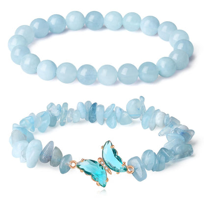 DUQGUHO 2PCS Aquamarine Bracelets Blue Bracelet for Women Natural Aquamarine Crystals Jewelry 8mm Butterfly Bracelet Gifts for Women