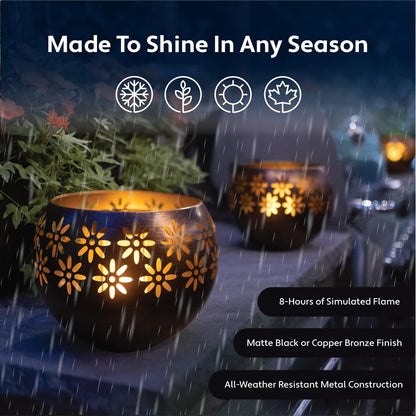 Solar Fire Bowl (1-Pack) Outdoor Waterproof Solar Lanterns - Metal Porch Lights with Flickering Flame for Tabletop, Patio, Garden & Landscape Decor (Bronze/Copper)