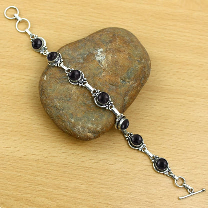 Natural Black Onyx 925 Silver Plated Adjustable Bracelet for Women - July Birthstone Round Gemstone Handmade Bohemian Link Bracelet - Wedding Christmas Valentine Day Gifts for Her