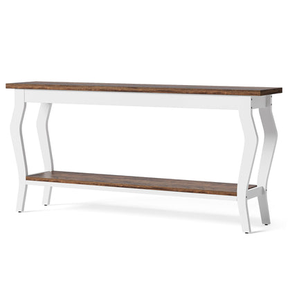 LITTLE TREE 70.9 Inches Long Console Table, 2-Tier Vintage Wooden Sofa Table Behind The Couch with Metal Legs for Hallway, Entryway, Living Room, Brown & White