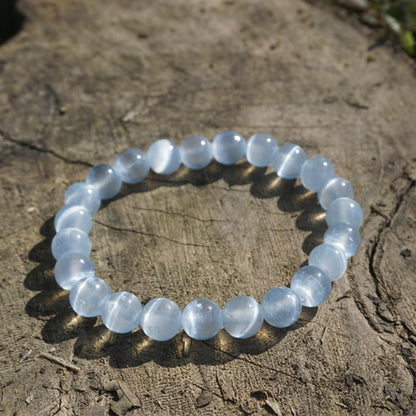 Natural Selenite Bracelet 8mm | Aqua Blue | Crown Chakra Crystal with Cat-eye Effect | Handmade Meditation Healing Bracelet for Women Men | Beading Tool Kit - Fits for 6.5-7.5 inch Wrist Size