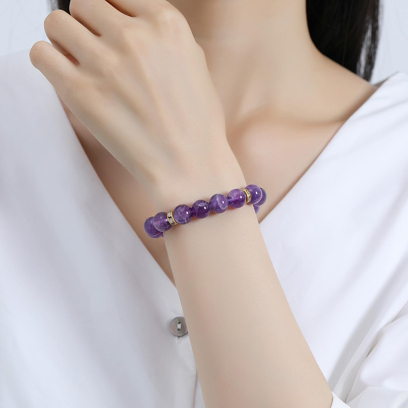 DUQGUHO Purple Bracelets for Women Anxiety Amethyst Bracelet 10mm Spiritual Calming Stretch Bracelet Stress Relief Crystal Gifts for Women