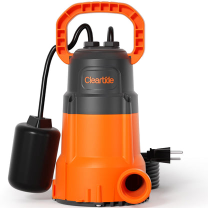 Cleartide Submersible Sump Pump with Tethered Float Switch, 1/4 HP Utility Water Pump,100% Copper Motor, Electric Drain Pump Handles 1/8" Solids, 10 FT Cord