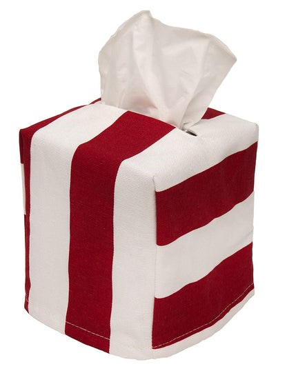 Tissue Box Cover, Soft Cloth Tissue Dispenser Cover for Square Cube Tissue Boxes- One Size Tissue Box Holder Fits Most Cardboard Tissue Holders - Lined, Red and White Striped, Made in USA