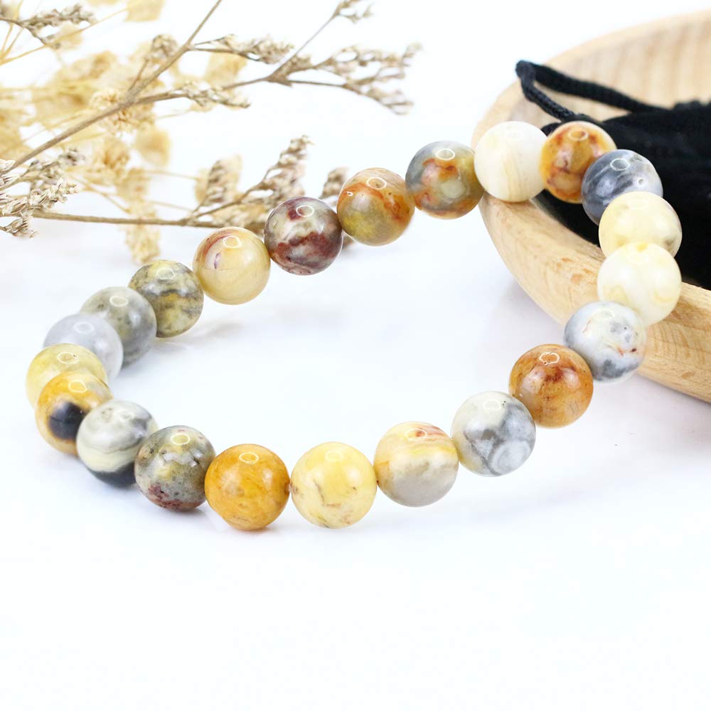 Clearain Natural Gemstones Bracelet 8mm Chakra Round Beads Energy Power Crystal Reiki Healing Elastic Stretch 7 Inch for Women Men Unisex(Crazy Agate)