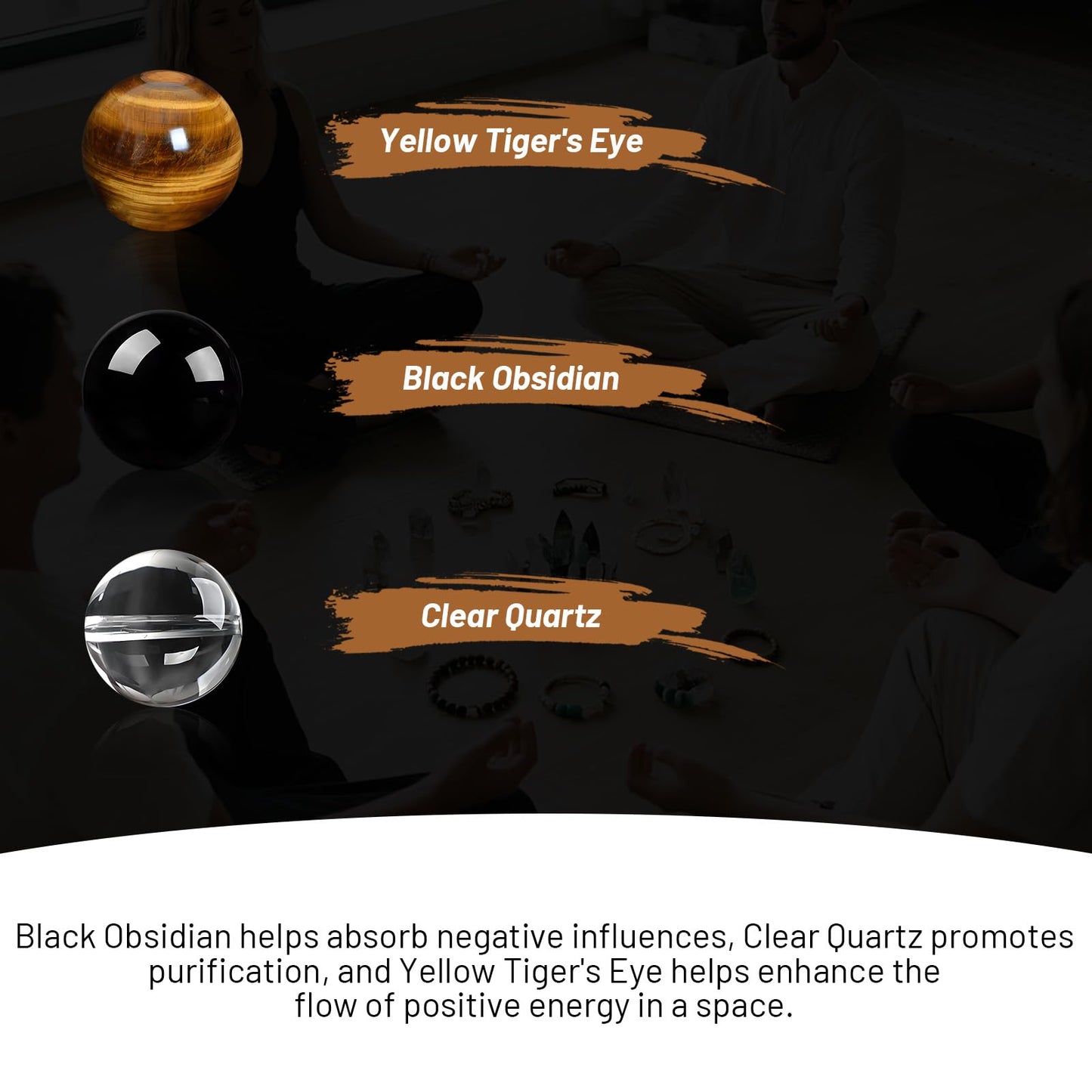 Orientrea Triple Protection Bracelet- Yellow Tiger's Eye, Black Obsidian & Clear Quartz, 8mm Handmade Healing Crystal Bead Bracelets for Luck, Prosperity, Protection & Balance, Gift for Men & Women