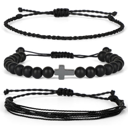 QOGIR Handmade Healing Bracelets,8mm Natural Matte Black Onyx Cross Beaded Bracelet for Men Women Gifts with 2PCS Size Adjustable Rope Bracelets