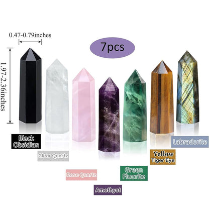 7PCS 2.2-2.6" Natural Crystals Tower Figurine Ornaments Polishing Rose Quartz Amethyst Stone Hexagonal Point Wand Obelisk Statue for Aquarium Decorative Rocks Gifts Home Decor(2.2inch/7pcs)