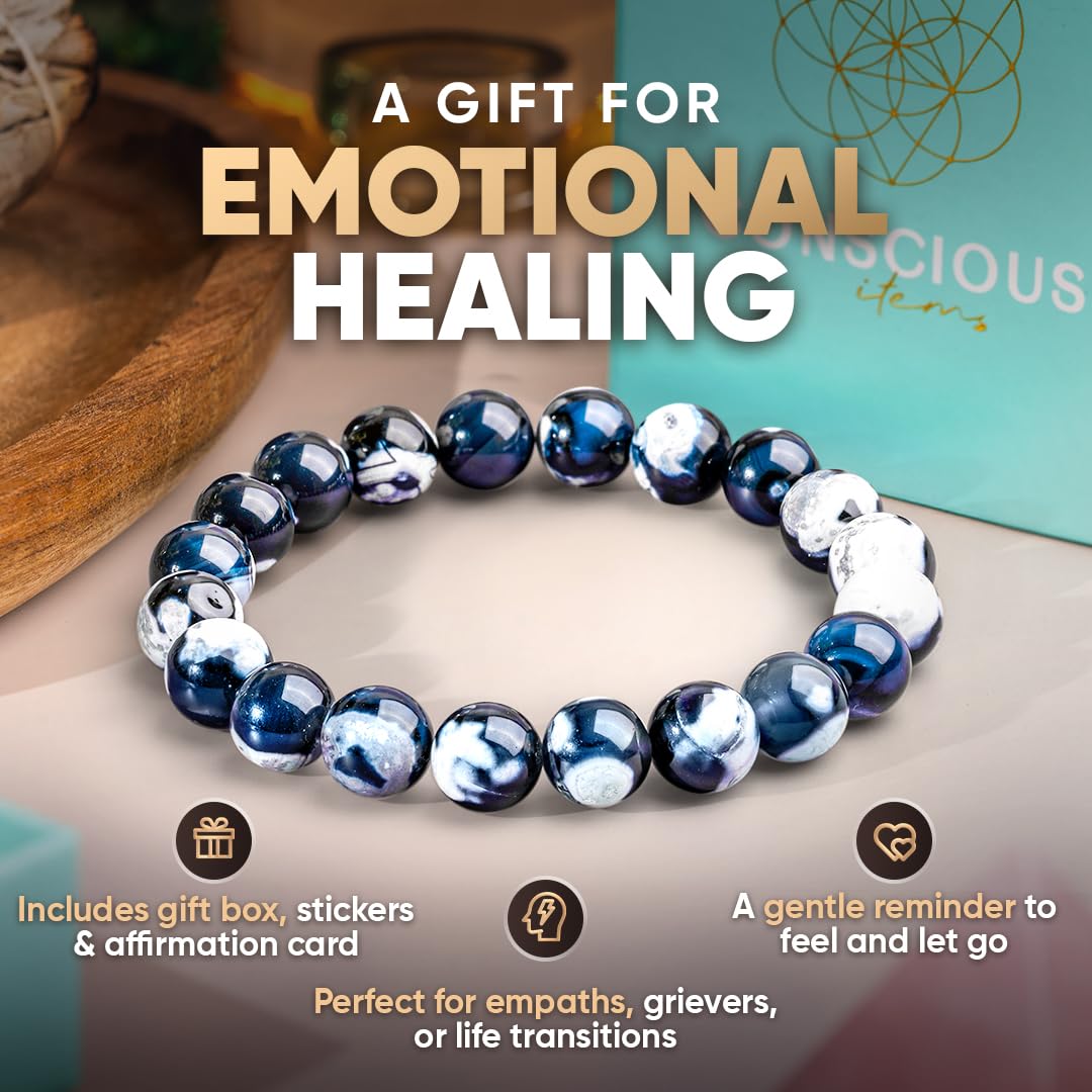 Conscious Items Exotic Orca Agate Bracelet of Deep Healing, Gray Blue White Agate Stress Bracelet for Calm, Inner Peace, & Confidence, Rare Madagascar Healing Stone Bracelets for Women & Men