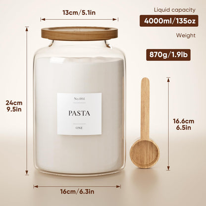 Yirilan 2 PCS Flour Sugar Storage Containers Glass Jar, 4000ml/1 Gallon/4.2 Qt/135oz,Large Glass Food Storage Jars with Wood Airtight Lids,for Tea,Spice,Cereal Rice Flour Pasta Sugar