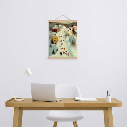 FOPENEM 16x12 Inch Winter Village Scene Wall Art – Snowy Town Canvas Hanging Print with Skating People for Holiday Decor
