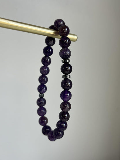 joy-d 8mm Amethyst Beaded Bracelets with Natural Stone and Hematite Accents, Unisex Gemstone Beads Jewelry for Men and Women - Thoughtful Gift for Him and for Her